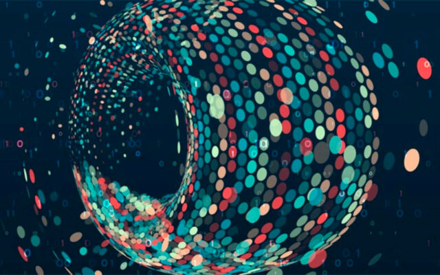 3D digital image of multicolored circular lights in a spherical arrangement against a dark background.