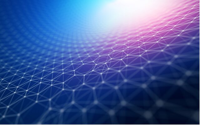 Digital illustration of web network in hexagonal grid, in shares of dark blue, light blue, tinges of pink and white.