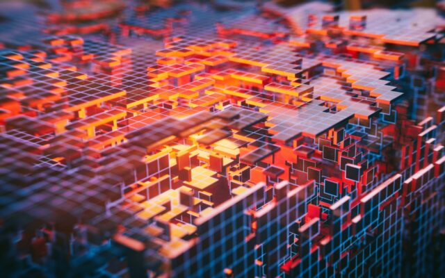 Abstract technology image of grid construction with glowing orange section.