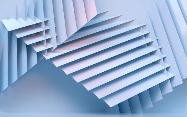 3D rendering of an abstract architectural design in light tints of pastel colors.