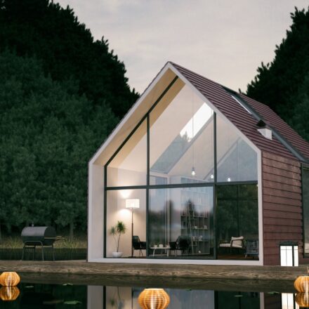 A modern design lakehouse floating just above the water surface, with lanterns floating nearby, representative of the new generation of data lakehouse data management concept.