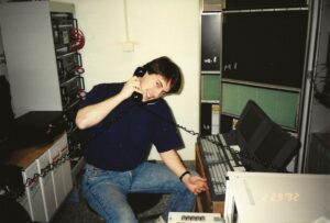 Paul Norkus as a field support technician, working at a cell site in Hagalund, Sweden in 1992. Photo courtesy of the author.