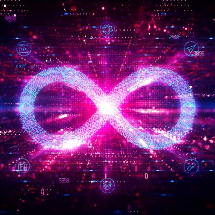 Digital illustration of DevOps infinite loop symbol, in lighter color appearing against a black and royal purple color background.