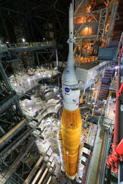 Artemis I and the Orion spacecraft in the NASA Vehicle Assembly Building (VAB) at Kennedy Space Center in Florida on Tuesday, Aug. 16, 2022.