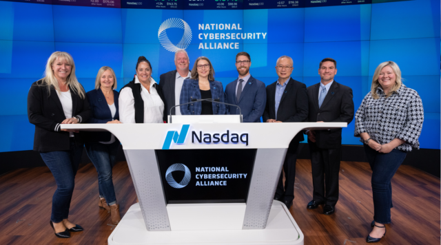 Jason Rosselot (second from left) at the Nasdaq MarketSite with members of the National Cybersecurity Alliance (NCA) Board of Directors and NCA Executive Director Lisa Plaggemier (center). Photography courtesy of Nasdaq, Inc.