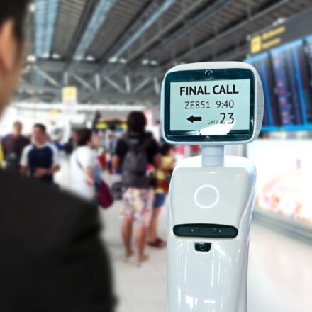 View over a traveller's shoulder of robotic assistance providing flight and gate information in an airport terminal.