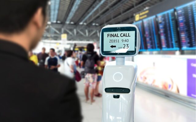 View over a traveller's shoulder of robotic assistance providing flight and gate information in an airport terminal.
