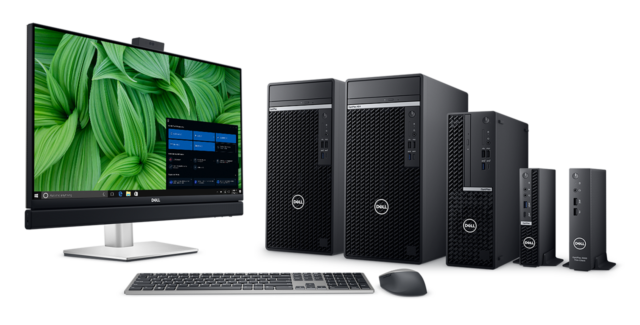 Dell OptiPlex lineup in multiple form factors with All-in-One model on far left.