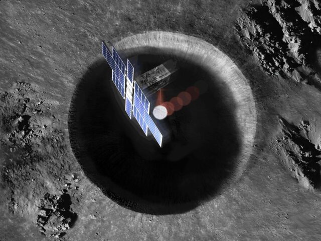 This artist's concept shows a view from above the Lunar Flashlight spacecraft