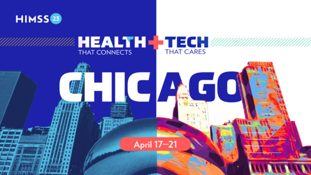 Graphic for the HIMSS23 Global Health Conference and Exhibition, in Chicago, Illinois, April 17-21. Image shows the Bean artwork installation with the Chicago skyline in the background with a blue transparent overlay on left side and white on the right side. 