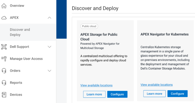 Screen capture from the Dell APEX console showing Discover and Deploy options for APEX Storage for Publich Cloud and APEX Navigator for Kubernetes. 
