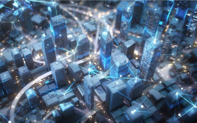 Digital rendering of a cityscape with glowing connection lines, representing high speed wireless and data connections.