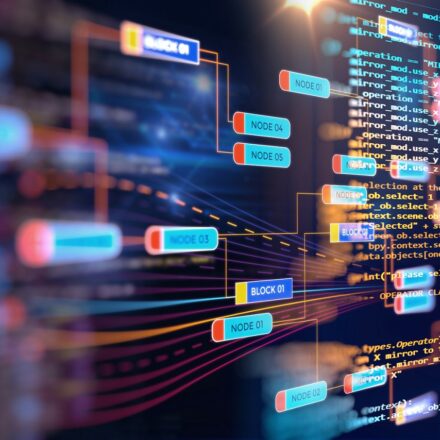 Abstract futuristic infographic with visual data complexity to represent Big data concept, node base programming