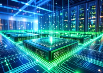 A glowing AI circuit board with data streams in a futuristic high-tech environment, featuring illuminated servers and metallic components.