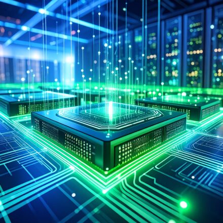 A glowing AI circuit board with data streams in a futuristic high-tech environment, featuring illuminated servers and metallic components.