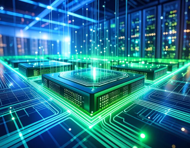 A glowing AI circuit board with data streams in a futuristic high-tech environment, featuring illuminated servers and metallic components.