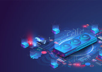 Crypto Mining concept. Creation, mining of Bitcoins. A data center, mainframe, or running futuristic graphics card on a blue background.