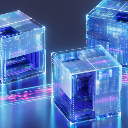 Three transparent data cubes with intricate circuitry exchanging information through glowing lines, representing AI-driven data processing in a futuristic tech environment