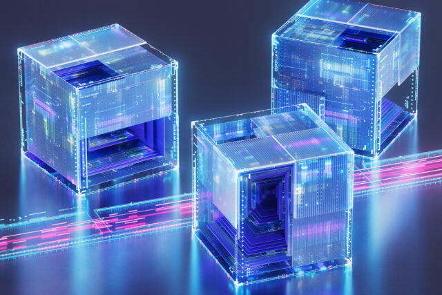 Three transparent data cubes with intricate circuitry exchanging information through glowing lines, representing AI-driven data processing in a futuristic tech environment