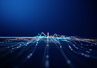 Abstract 3D digital grid with dynamic data lines and glowing dots, representing big data processing, analytics, machine learning, and futuristic technology visualization.