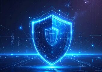 A sleek, futuristic digital shield glowing in blue, surrounded by abstract network lines and nodes, symbolizing cybersecurity and data protection