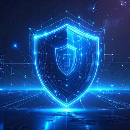A sleek, futuristic digital shield glowing in blue, surrounded by abstract network lines and nodes, symbolizing cybersecurity and data protection