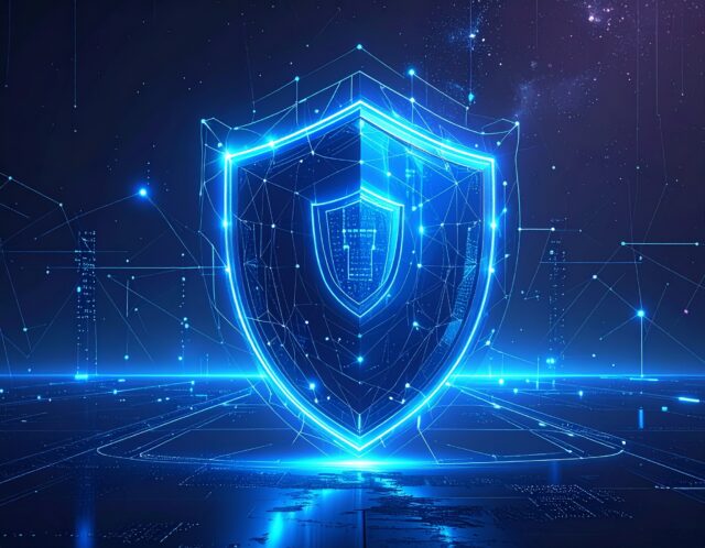 A sleek, futuristic digital shield glowing in blue, surrounded by abstract network lines and nodes, symbolizing cybersecurity and data protection